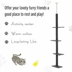PawHut 260cm Floor To Ceiling Cat Tree 3 Perches Flannel Upholstery Kitten Grey -PawHut Shop 29218437 4