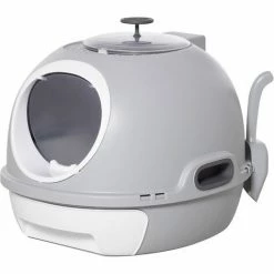 PawHut Futuristic Capsule-Shaped Cat Litter Box W/ 2 Doors Litter Scoop Drawer