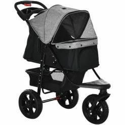 PawHut Folding 3 Wheel Pet Stroller Travel Adjustable Canopy Storage Brake Grey