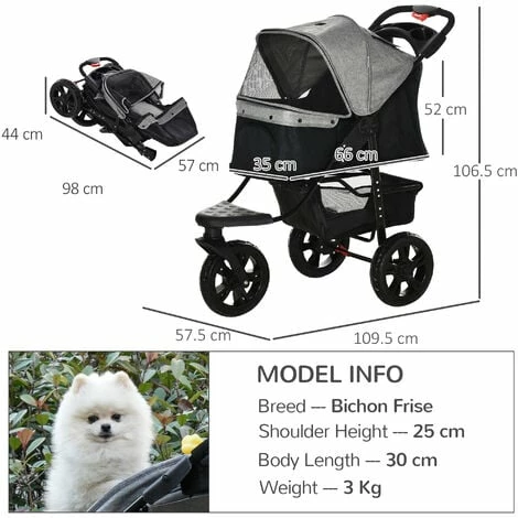 PawHut Folding 3 Wheel Pet Stroller Travel Adjustable Canopy Storage Brake Grey PawHut Folding 3 Wheel Pet Stroller Travel Adjustable Canopy Storage Brake Grey -PawHut Shop 30020100 2