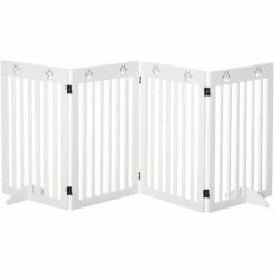 PawHut Freestanding Pet Gate 4 Panel Dog Barrier Folding Safety Fence With Support Feet Up To 204cm Long 75cm Tall For Doorway Stairs White