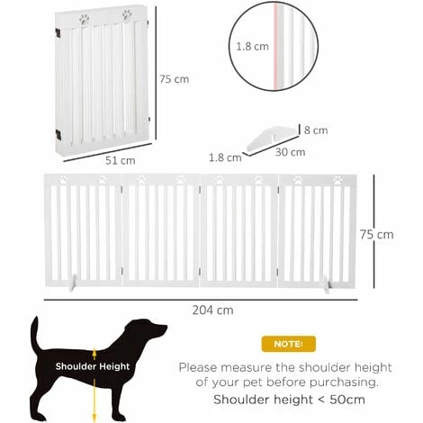 PawHut Freestanding Pet Gate 4 Panel Dog Barrier Folding Safety Fence with Support Feet up to 204cm Long 75cm Tall for Doorway Stairs White PawHut Freestanding Pet Gate 4 Panel Dog Barrier Folding Safety Fence With Support Feet Up To 204cm Long 75cm Tall For Doorway Stairs White -PawHut Shop 30951919 2
