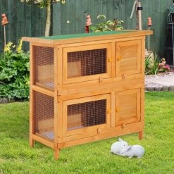 PawHut 2-Tier Wooden Rabbit Hutch Guinea Pig Hutch Duck House Double Decker Pet Cage With Sliding Tray Opening Top -PawHut Shop 3095324 3