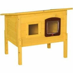 Pawhut Garden Wooden Cat House Hide Cage Outdoor Pet Play Home Water-resistant Roof Kitty Shelter Kennel W/ith Door & Window