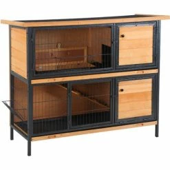 PawHut 2-Story Wooden Metal Rabbit Hutch Bunny Cage W/ Ramp Feeding Trough