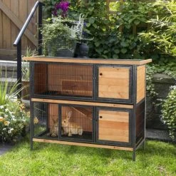 PawHut 2-Story Wooden Metal Rabbit Hutch Bunny Cage W/ Ramp Feeding Trough -PawHut Shop 32139331 3
