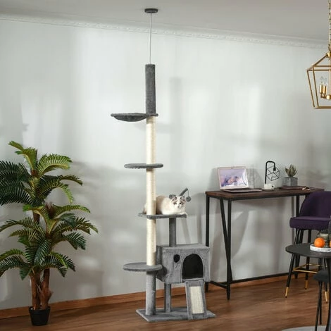 PawHut 238-270cm Cat Tree Tower Ceiling High w/ Sisal Scratching Post Light Grey PawHut 238-270cm Cat Tree Tower Ceiling High W/ Sisal Scratching Post Light Grey -PawHut Shop 33361286 3