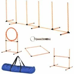 PawHut Pet Agility Training Equipment Dog Play Run Jump Hurdle Bar Obedience Training Set With Adjustable Height Jump Ring High Jumper Weave Poles Square Pause Box Carry Bag Whistle