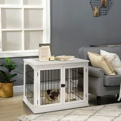 PawHut Wooden Dog Crate Puppy Cage End Table Design For Small Dog White -PawHut Shop 34719505 3