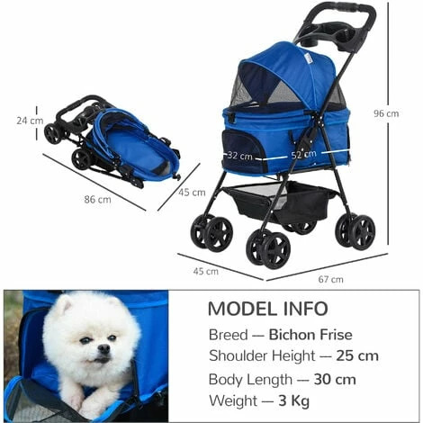 PawHut Pet Stroller No-Zip Foldable Travel Carriage with Brake Basket Canopy PawHut Pet Stroller No-Zip Foldable Travel Carriage With Brake Basket Canopy -PawHut Shop 36687248 2