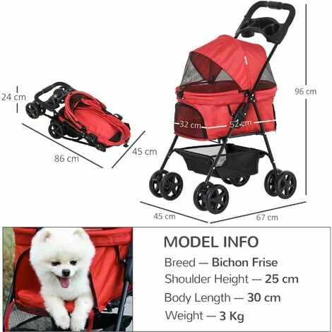 PawHut Pet Stroller No-Zip Foldable Travel Carriage with Brake Basket Canopy PawHut Pet Stroller No-Zip Foldable Travel Carriage With Brake Basket Canopy -PawHut Shop 36687267 2