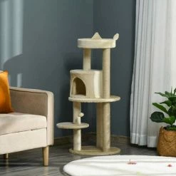 PawHut 3-Tier Deluxe Cat Activity Tree Scratching Posts Perch House Kitten Beige -PawHut Shop 37150153 3