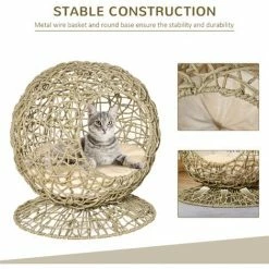 PawHut Wicker Cat Bed Elevated Rattan Kitten Basket Cozy Cave W/ Soft Cushion -PawHut Shop 37150158 4
