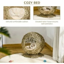 PawHut Wicker Cat Bed Elevated Rattan Kitten Basket Cozy Cave W/ Soft Cushion -PawHut Shop 37150158 5