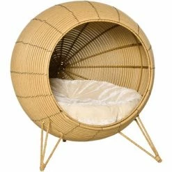 PawHut Wicker Cat Bed Elevated Rattan Kitten Basket Cozy Cave W/ Soft Cushion
