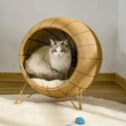 PawHut Wicker Cat Bed Elevated Rattan Kitten Basket Cozy Cave W/ Soft Cushion -PawHut Shop 37264648 3