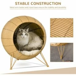 PawHut Wicker Cat Bed Elevated Rattan Kitten Basket Cozy Cave W/ Soft Cushion -PawHut Shop 37264648 4