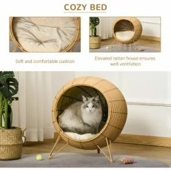 PawHut Wicker Cat Bed Elevated Rattan Kitten Basket Cozy Cave W/ Soft Cushion -PawHut Shop 37264648 5