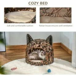 PawHut Wicker Cat Bed Elevated Rattan Kitten Basket Cozy Cave W/ Soft Cushion -PawHut Shop 37264653 5