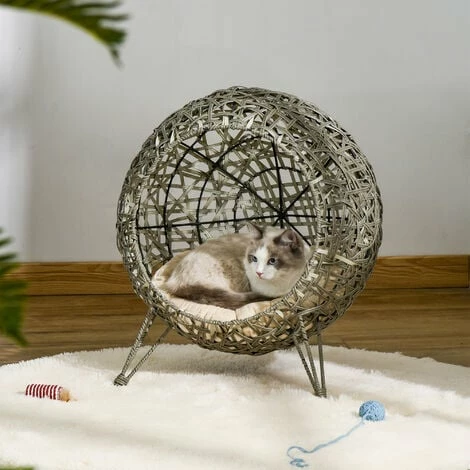 PawHut Rattan Wicker Elevated Cat House Kitten Bed Pet Furniture with Cushion PawHut Rattan Wicker Elevated Cat House Kitten Bed Pet Furniture With Cushion -PawHut Shop 37770809 3