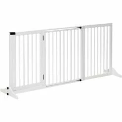 PawHut Wooden Freestanding Pet Gate Adjustable W/ Door Lock Safe Barrier White