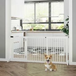 PawHut Wooden Freestanding Pet Gate Adjustable W/ Door Lock Safe Barrier White -PawHut Shop 41555857 3
