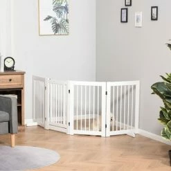 PawHut Wooden Freestanding Pet Gate 4 Panels Foldable Dog Safety Fence White -PawHut Shop 42768942 3