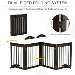 PawHut Freestanding Pet Gate 4 Panel Wooden Dog Barrier Folding Safety Fence With Support Feet Up To 204cm Long 61cm Tall For Doorway Stairs Brown -PawHut Shop 42885857 4