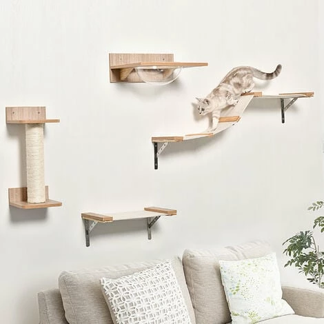 PawHut 4 Pcs On-Wall Cat Climbing Shelf Set w/ Perch Hammock Scratching Post PawHut 4 Pcs On-Wall Cat Climbing Shelf Set W/ Perch Hammock Scratching Post -PawHut Shop 42885902 3