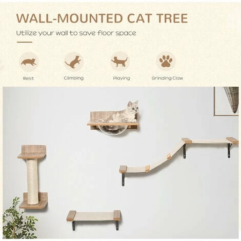 PawHut 4 Pcs On-Wall Cat Climbing Shelf Set w/ Perch Hammock Scratching Post PawHut 4 Pcs On-Wall Cat Climbing Shelf Set W/ Perch Hammock Scratching Post -PawHut Shop 42885902 4