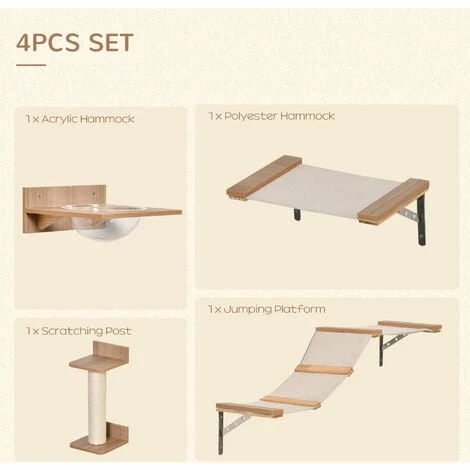 PawHut 4 Pcs On-Wall Cat Climbing Shelf Set w/ Perch Hammock Scratching Post PawHut 4 Pcs On-Wall Cat Climbing Shelf Set W/ Perch Hammock Scratching Post -PawHut Shop 42885902 5