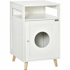 PawHut Cat House Litter Box Cave House W/ Cabinet Shelf Magnetic Door White