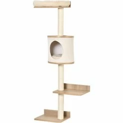 PawHut Wall-Mounted Cat Tree Shelter W/ Condo Bed Scratching Post Light Brown