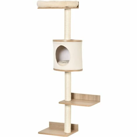 PawHut Wall-Mounted Cat Tree Shelter w/ Condo Bed Scratching Post Light Brown PawHut Wall-Mounted Cat Tree Shelter W/ Condo Bed Scratching Post Light Brown -PawHut Shop 43707253 1