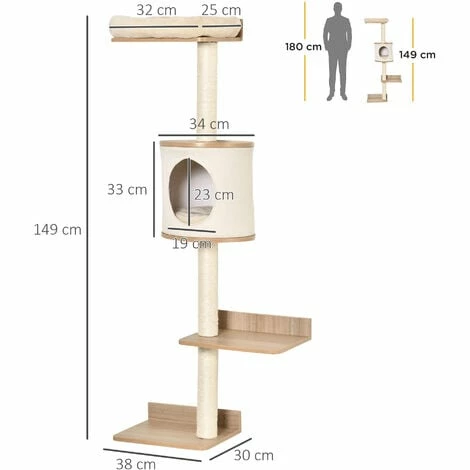 PawHut Wall-Mounted Cat Tree Shelter w/ Condo Bed Scratching Post Light Brown PawHut Wall-Mounted Cat Tree Shelter W/ Condo Bed Scratching Post Light Brown -PawHut Shop 43707253 2