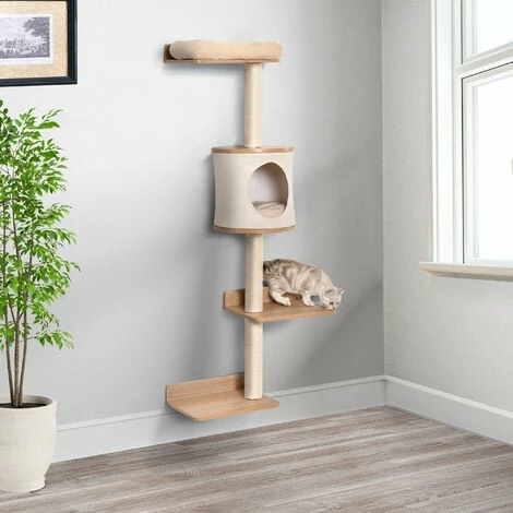PawHut Wall-Mounted Cat Tree Shelter w/ Condo Bed Scratching Post Light Brown PawHut Wall-Mounted Cat Tree Shelter W/ Condo Bed Scratching Post Light Brown -PawHut Shop 43707253 3