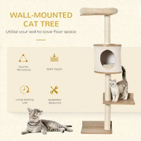 PawHut Wall-Mounted Cat Tree Shelter w/ Condo Bed Scratching Post Light Brown PawHut Wall-Mounted Cat Tree Shelter W/ Condo Bed Scratching Post Light Brown -PawHut Shop 43707253 4