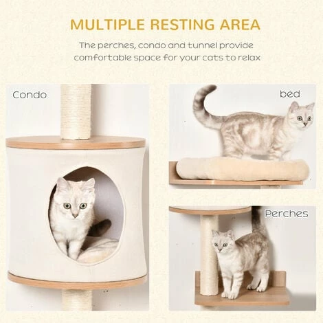 PawHut Wall-Mounted Cat Tree Shelter w/ Condo Bed Scratching Post Light Brown PawHut Wall-Mounted Cat Tree Shelter W/ Condo Bed Scratching Post Light Brown -PawHut Shop 43707253 5
