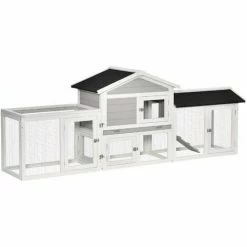 PawHut 2 Tier Wooden Rabbit Hutch W/ Tray, Ramps, Asphalt Roof For Outdoor Grey