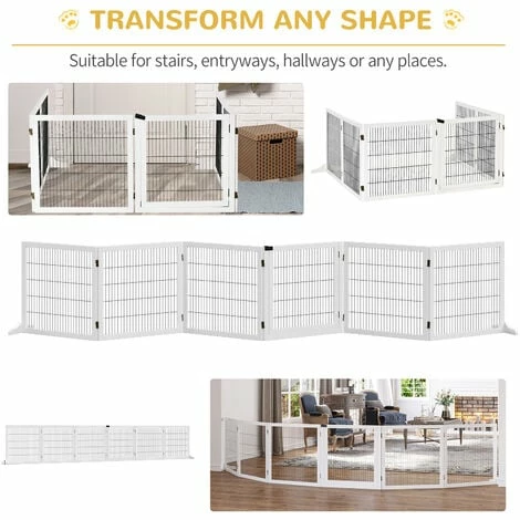 PawHut Freestanding Pet Gate 6 Panel Foldable Playpen Wooden Dog Gate with 2 Support Feet for Stairs Doorway 432cm Long 70cm Tall White PawHut Freestanding Pet Gate 6 Panel Foldable Playpen Wooden Dog Gate With 2 Support Feet For Stairs Doorway 432cm Long 70cm Tall White -PawHut Shop 46104162 5