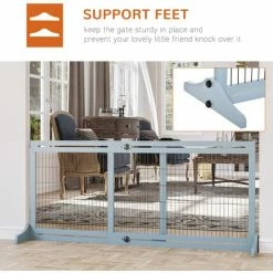 PawHut Adjustable Wooden Pet Gate Freestanding Dog Barrier For Doorway, Grey -PawHut Shop 46104176 5