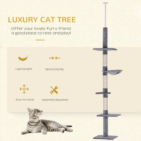 PawHut Cat Tree Scratching 5-Tier Kitty Tower Floor to Ceiling Adjustable PawHut Cat Tree Scratching 5-Tier Kitty Tower Floor To Ceiling Adjustable -PawHut Shop 48446327 4
