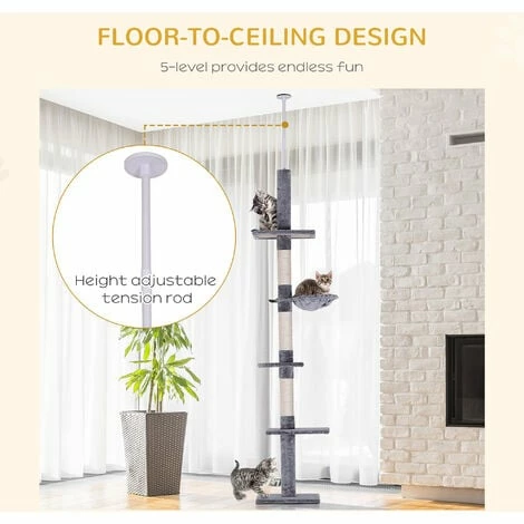 PawHut Cat Tree Scratching 5-Tier Kitty Tower Floor to Ceiling Adjustable PawHut Cat Tree Scratching 5-Tier Kitty Tower Floor To Ceiling Adjustable -PawHut Shop 48446327 5