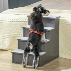 PawHut 4 Step Wooden Dog Steps Pet Stairs Cat Ladder For Bed Couch, Grey -PawHut Shop 48924627 3