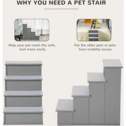 PawHut 4 Step Wooden Dog Steps Pet Stairs Cat Ladder For Bed Couch, Grey -PawHut Shop 48924627 5