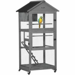 PawHut Bird Cage Wooden Aviary For Canary Cockatiel Parrot W/ Wheels Tray