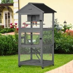 PawHut Bird Cage Wooden Aviary For Canary Cockatiel Parrot W/ Wheels Tray -PawHut Shop 50886423 3