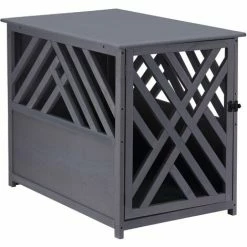 Pawhut Wooden Dog Crate Medium Cage Side Table With Lockable Door, Grey