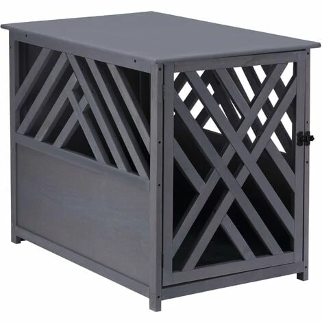 Pawhut Wooden Dog Crate Medium Cage Side Table with Lockable Door, Grey Pawhut Wooden Dog Crate Medium Cage Side Table With Lockable Door, Grey -PawHut Shop 50886427 1
