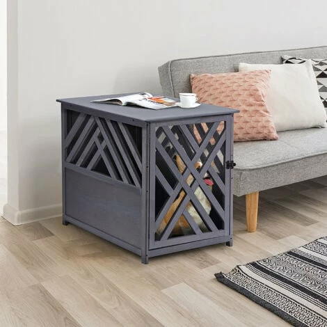 Pawhut Wooden Dog Crate Medium Cage Side Table with Lockable Door, Grey Pawhut Wooden Dog Crate Medium Cage Side Table With Lockable Door, Grey -PawHut Shop 50886427 3